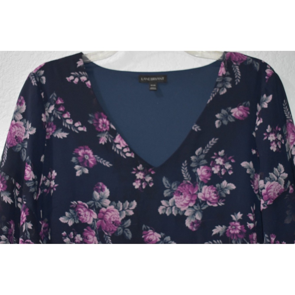 Lane Bryant Top 18/20 Navy Floral Lined V-Neck Ruffle Flutter Sleeve Lightweight - Picture 4 of 16